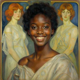a female black girl smiling by Artgerm and greg rutkowski and alphonse mucha