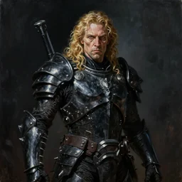 oil painting of a pale menacing dio brando with long curly blond hair and piercing eyes, powerful sci fi centurion in tall jagged black plate armor, cinematic chiaroscuro creeping darkness, by J.C leyendecker and norman rockwell