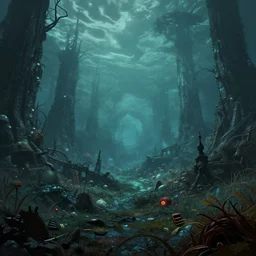 a fantastic landscape of Sea of Corpses in Abyss in style of Made in Abyss, 4k, trending on artstation, high quality, illustration, octane render, unreal engine 5