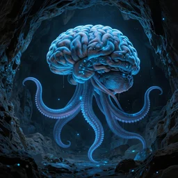 large brain suspended by tentacles, dark cave room, blue bioluminescence, artwork by greg rukowtski