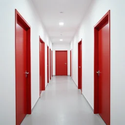 a long all white hallway lined with red doors, liminal space,