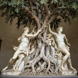 stunning hyperdetailed tree with intricate roots and human bodies of marble sculpted by canova