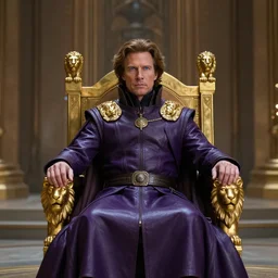 Distant view of subject on a throne, Christopher Walken as Emperor Shaddam IV with blue-eyes-blue-sclera, in Dune, wearing ornate Tyrian-purple regal leather uniform, with two golden-lion-lapels on uniform, sitting on a golden throne with lion-shaped arm-rests, inside a futuristic neo-Baroque hall, subdued colors, highly detailed, cinematic photo, atmospheric lighting