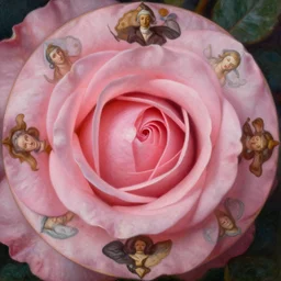 achingly beautiful extreme close up painting of one blooming pink rose by rene magritte, monet, and turner. piranesi. macro lens, symmetry, circular.