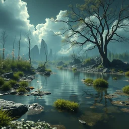 a wholesome animation key shot of a post apocalyptic water pond, covered by nature hipster vibes by studio ghibli, animation, sharp, rendered in unreal engine 5, focused, anime key art by greg rutkowski, bloom, dramatic lighting