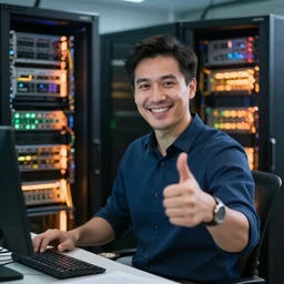 a smiling system administrator doing a thumb up to the camera with burning servers in the background