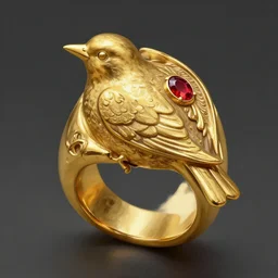 golden ring with an engraved bird with a red gem on it's back it, highly detailed, digital painting, trending on artstation, concept art, sharp focus, illustration, art by artgerm and greg rutkowski and magali villeneuve