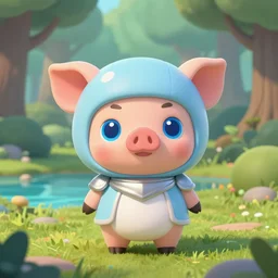 very cute and adorable little piggy knight, big beautiful blue eyes, piglet, fantasy forest landscape, lake, pale blue outfit, plushie like forest creature, Dreamworks, Behance, Pokemon, Artstation, trending on artstation, peach and goma style, milk and mocha style, art of silverfox, Yee Chong Silverfox, Sydney Hanson, Sofya Emelenko, Elina Karimova