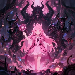 young novice vampire princess summons demons from hell cute colorful pink 4 k high definition artstation trending path traced contrast light and dark colorful bokeh massive scale cinematic breathtaking lovecraftian, art by greg rutkowski