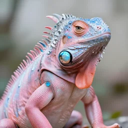 natural light, soft focus portrait of a cyberpunk anthropomorphic iguana with soft synthetic pink skin, blue bioluminescent plastics, smooth shiny metal, elaborate ornate head piece, piercings, skin textures, by annie leibovitz, paul lehr