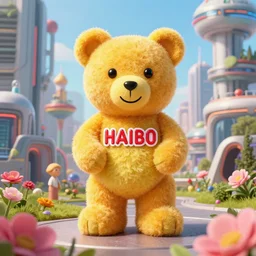 portrait of haribo bear in future city, color and shape focus, central composition, natural light, bloom, puff, by simon stalenhag and rene magritte and anto