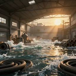 a beautiful post - apocalyptic matte - painting of a large warehouse full of hosepipe. flooded. waves. hot sun outside.