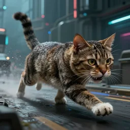a huge chasing cat 🐱, by mark ryden in cyberpunk environment, 4 k ultra high resolution, horror, long camera shot, fleeing terrified : 🐭