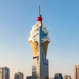 A skyscraper in the shape of a big ice cream cone with cherry on top award winning photo