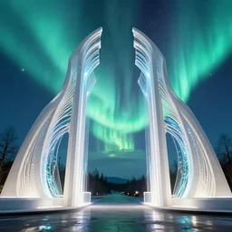 a very detailed concept art of intricate and modern white gates to aurora borealis infused with magic, dynamic lighting trending on artstation, symmetry, digital art, 4 k, hyper realistic, octane render, sharp focus