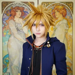 kingdom hearts sora, a very detailed cosplay, a very detailed elegant, sharp focus, a very detailed art by alphonse mucha and greg rutkowski