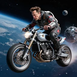 elon musk riding motorcycle in space, digital art