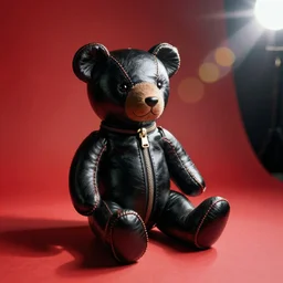 vintage analog product photography of a black leather teddybear, zippers, 70s design, bright red, studio lighting, film grain, lensflare, color bleed, glare