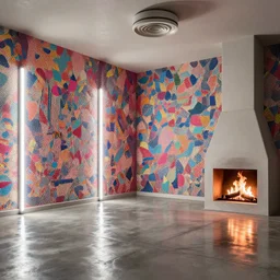 colour 3 5 mm, empty interior, big open shiny concrete floor, ceiling ventilation drum, architectural digest, wide shot, fine art wallpapers, big white neon sticks, fire place