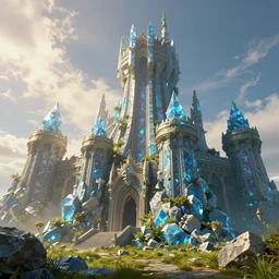 an imposing and highly fantasy castle, carved from sapphire stone, cinematic view, epic sky, detailed, concept art, low angle, high detail, warm lighting, volumetric, godrays, vivid, beautiful, trending on artstation, by jordan grimmer, huge scene, grass, art greg rutkowski