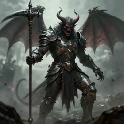 buff armored demon with scythe, bringer of doom and despair, epic composition, epic splashart, cinematic, wideshot, wrath, color palette of sadness, depth of field, by greg rutkowski, peter mohrbacher, craig mullins. letterbox. film
