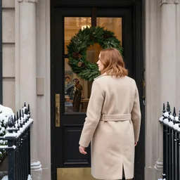 back of emma stone in beige coat, walking into new york apartment building in winter, close up of wreath on door, snow, artwork by gaston bussiere, craig mullins, trending on artstation