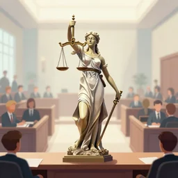 editorial illustration by mads berg and karolis strautniekas an, illustrated ( ( lady justice statue ) ) in a busy court room interior, many people, low fog, fine texture, detailed, hdr, muted color, dramatic lighting, dynamic composition, vivid, matte print, wide angle, ( ( sunbeams ) ), ( ( orange red blue beige ) )