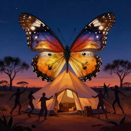 a digital painting of a giant butterfly sitting on a tent in the outback, its eyes sparkle in the night and silhouettes of people dance around the tent
