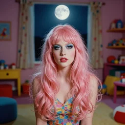 photograph of divine!!!!!!!!!!! ( ( ( ( ( ( with makeup ) ) ) ) ) ) in a giant kid room, her light pink hair shining in the light of the full moon, 1 9 9 0 s, taken by ryan mcginley, saturated colour photo, high definition, 8 k