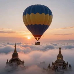 a stunning ultra detailed fantasy national geographic photo of a hot air balloon above a cloud layer, burmese pagodas sticking out of the clouds, by gediminas pranckevicius and tomasz alen kopera, foggy, sunset, artstation, 8 k, deep depth of field, golden hour hues, vibrant colors, hyper realistic