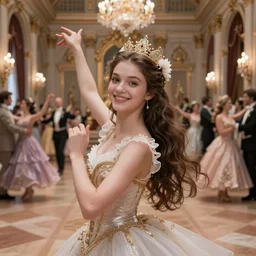 masterpiece hyper detailed portrait charming and miracle of gorgeous girl at a royal dance. in the background is a large, luxurious royal hall with many people dancing. art by artgerm, greg rutkowski, sasoura, satchely. by bastien - lepage. andrei riabovitchev, yoshitaka amano.