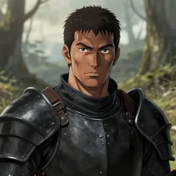 full portrait of rugged warrior man in the wilderness, face details, simple black plate armor, dark skin, brown eyes, high fantasy, dnd, highly detailed, sharp focus, smooth, manga illustration, by keisuke sato!!