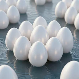 highly detailed 3 d render a beautiful lot of white egg shaped buildings are fused together in the calm water, magnesium, archviz, vincent callebaut composition, mamou - mani, beautiful lighting, hyper detailed, 8 k, unreal engine, hdr, dof