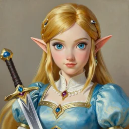 detailed painting of princess zelda, from legend of zelda, as an elegant noblewoman, highy detailed face, soft silk dress, style of pino daeni, intricate, soft lighting, beautiful art, legend of zelda, master sword