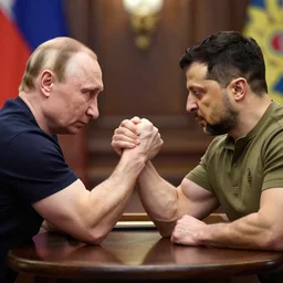 vladimir putin and volodymyr zelensky arm wrestling in a bar, photorealistic, highly detailed, detailed faces