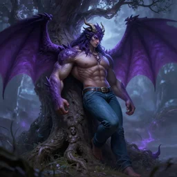 god of magic musclebound shadow demi - dragon woman wearing jeans leans against a magical tree romance novel fantasy artwork epic detailed and itricate digital painting trending on artstation by wlop octane render