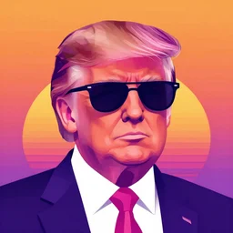 pink and purple vaporwave vector art of donald trump wearing sunglasses, orange sunset in the background