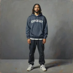 a full body portrait of modern day jesus wearing hypebeast streetwear hoodie and pants by nicola samori, oil painting, realistic, 8 k, fear of god style