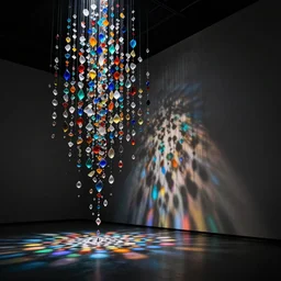 mesmerizing light installation made of colored glass shards dropping colored shadows on the wall by chris wood, dark, moody and cinematic