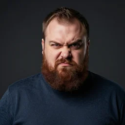 🤨 🤨 🤨 a posh bearded man with a very skeptical and sarcastic expression, one raised eyebrow, head tilted downward, angry, professional photography, studio lighting, dark background