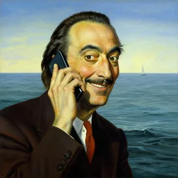 painting of an extremely happy man using his mobile phone in middle of the sea, painting by salvador dali, surrealism