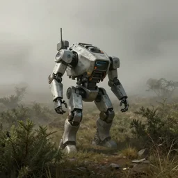 a robot warzone on shrubland garigue thick fog, matte painting, concept art, 4 k