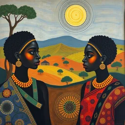 two african women, african landscape in background, klee painting