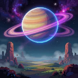 pixel art of giant neon alien flying over an alien planet, sci - fi, huge saturn with rings in the background, vibrant nebula, strange rock formations, rolling hills, atmospheric, misty, artstation, deviantart