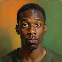 portrait of a black man who stares intently, very thoughtful, yet playful, sugary, highly detailed oil painting, by francis bacon, edward hopper, soft light 4 k, orange and green colour palette, cinematic composition, cinematic lighting, high quality octane render, masterpiece