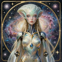 detailed realistic beautiful young cher alien robot as queen of andromeda galaxy portrait by jean delville, gustave dore and marco mazzoni, art nouveau, symbolist, visionary, baroque, giant fractal details. horizontal symmetry by zdzisław beksinski, iris van herpen, raymond swanland and alphonse mucha!!!. highly detailed, hyper - real, beautiful