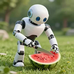 a robot cutting watermelon on the grass. sharp focus, trending on artstation, hyperdetailed, illustration, smooth, digital art, crepuscular ray, cinematic lighting, unreal engine 5, frostbite 3 engine