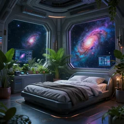 a futuristic room in a space station, a large bed and screens, lush plants, a colorful nebula can be seen through a window, moody lighting, trending on Artstation, very detailed, Gigapixel