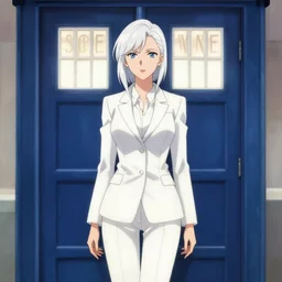 a beautiful woman with white hair, wearing white suit, standing inside the tardis, character art portrait, anime key visual, official media, illustrated by wlop, extremely detailed, 8 k, trending on artstation, cinematic lighting, beautiful body