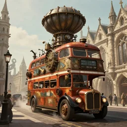 A steampunk double decker bus with a giant billowing column ontop, steam powered, streetview of old London, by Enki Bilal, digital art, unreal engine, gothic style, - W 832